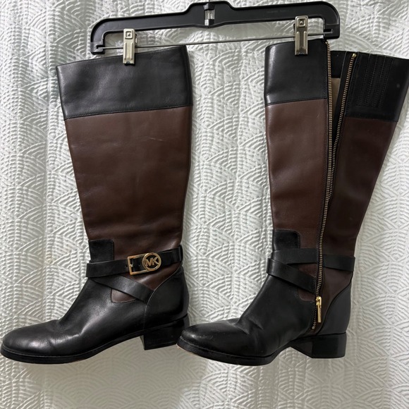 Michael Kors Riding Boots‎ Leather Block Heel Knee High Brown Black Size 8.5M - Picture 1 of 12